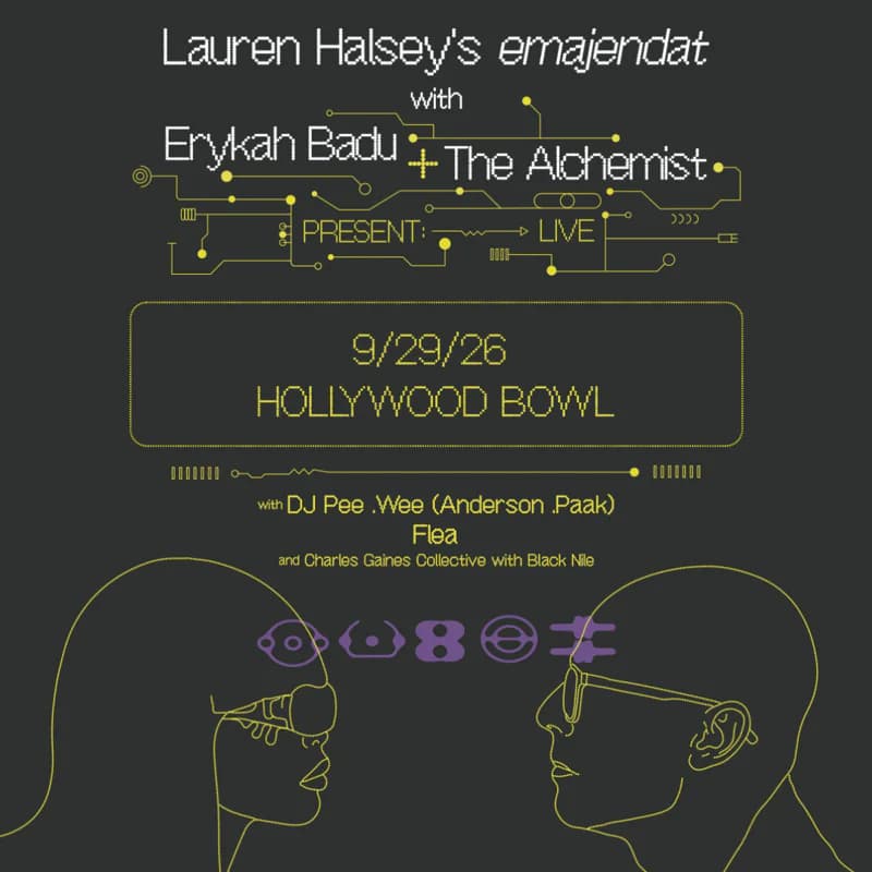 Official event artwork for Lauren Halsey's emajendat Erykah Badu and The Alchemist